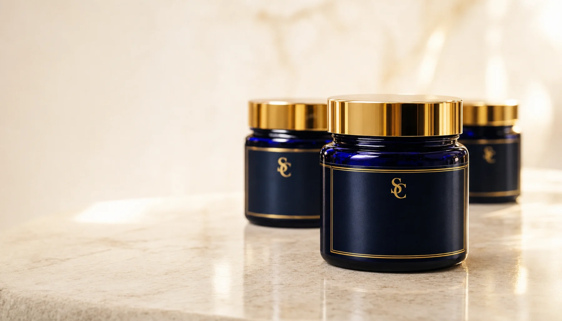 Three cobalt SmithCross supplement bottles with gold lids on pale porcelain stone