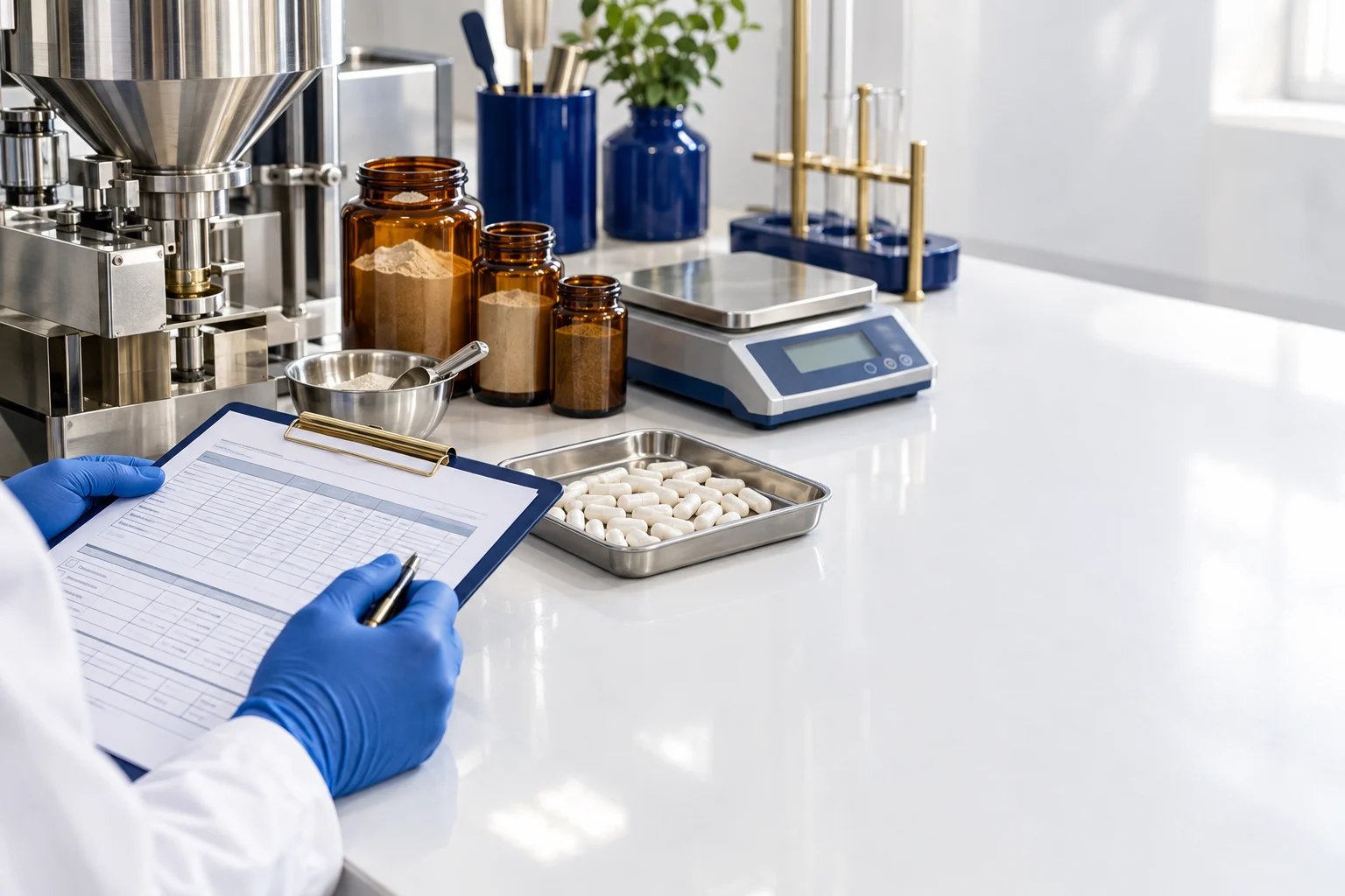 Supplement formulation workspace with capsules, ingredients, scale, and batch record